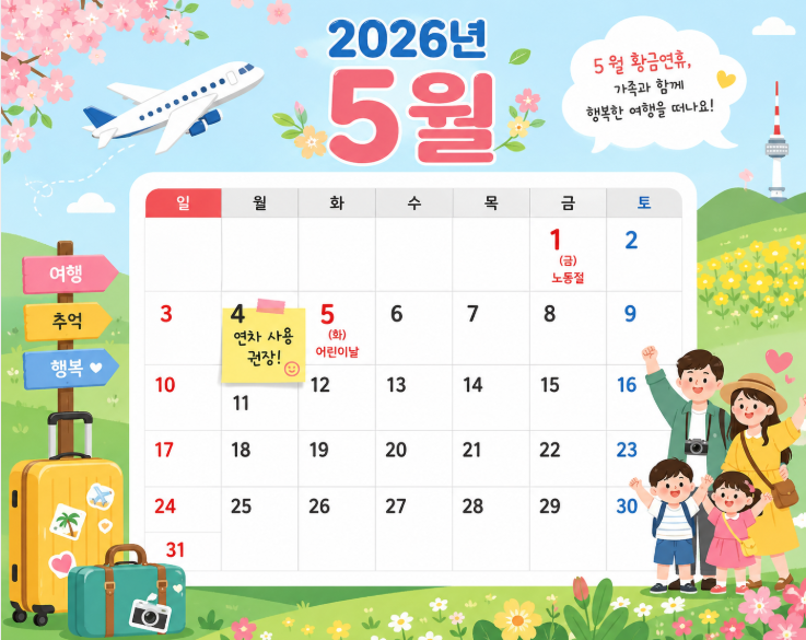 2026년 5월 노동절 어린이날 황금연휴 달력 일정