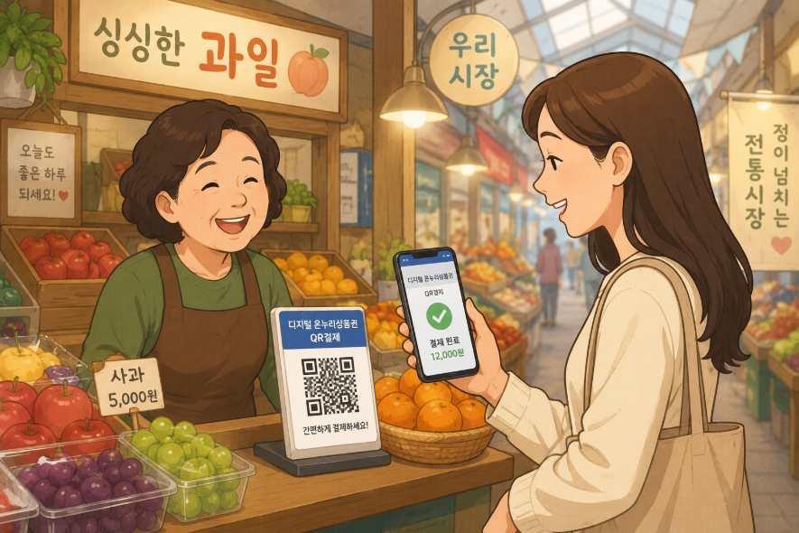 전통시장에서 디지털 온누리상품권으로 QR결제하는 모습