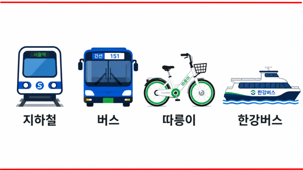 기후동행카드로 이용 가능한 지하철, 버스, 따릉이, 한강버스 안내 이미지