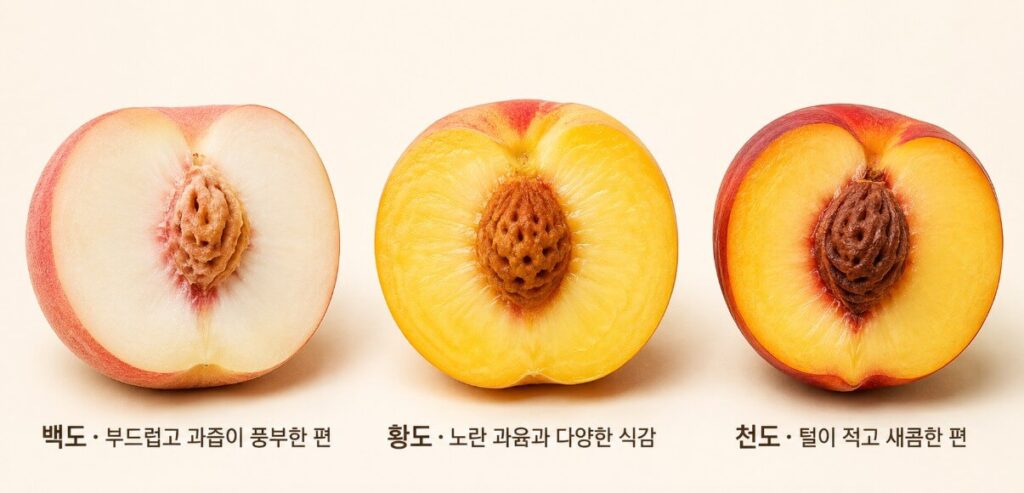백도 황도 천도복숭아의 과육 색과 일반적인 특징 비교