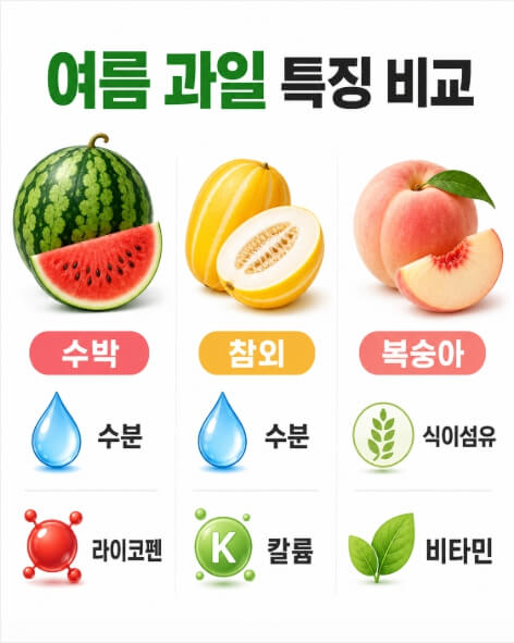 수박 참외 복숭아의 주요 영양 특징과 섭취 주의사항 비교